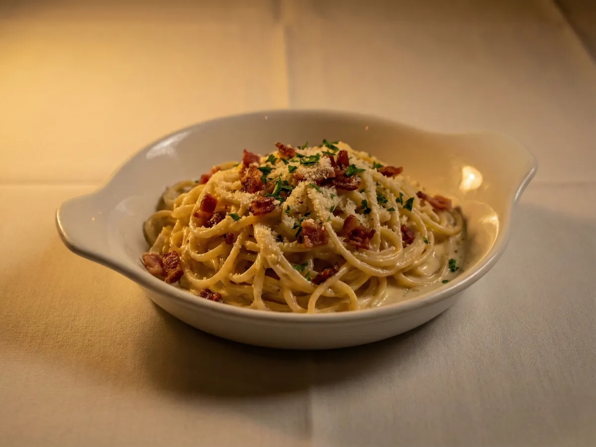 Creamy pasta with parmesan and herbs in a bowl